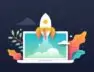 Spaceship rocket taking off from laptop startup development idea process.
