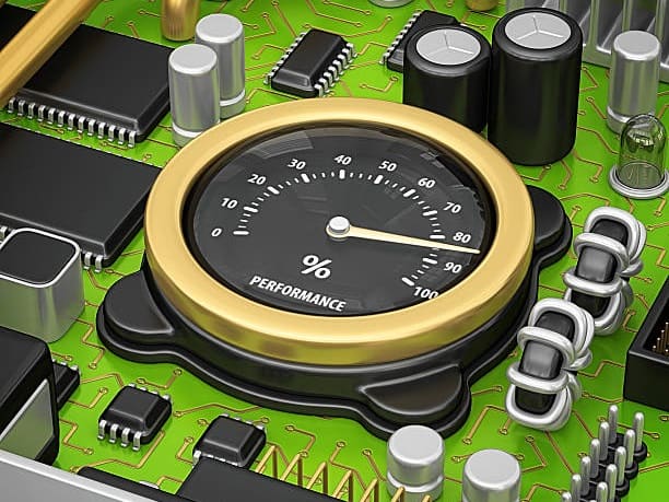 performance meter on computer circuit board.3d render.
